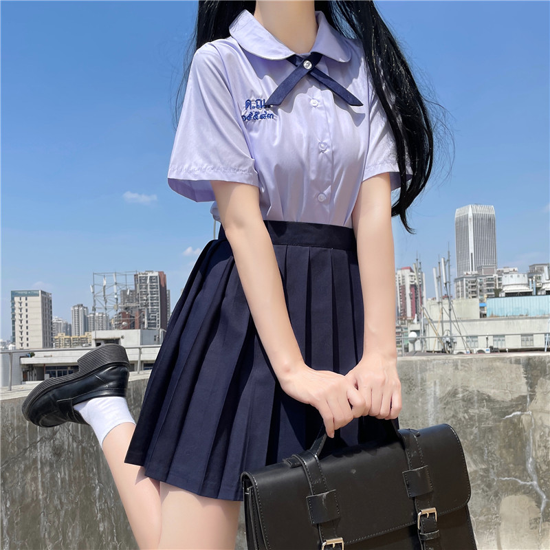 여자 여자 JK 유니폼 태국 스타일 학교 유니폼 Seifuku 짧은 소매 수 놓은 셔츠 3 피스 세트 Pleated 치마 학생